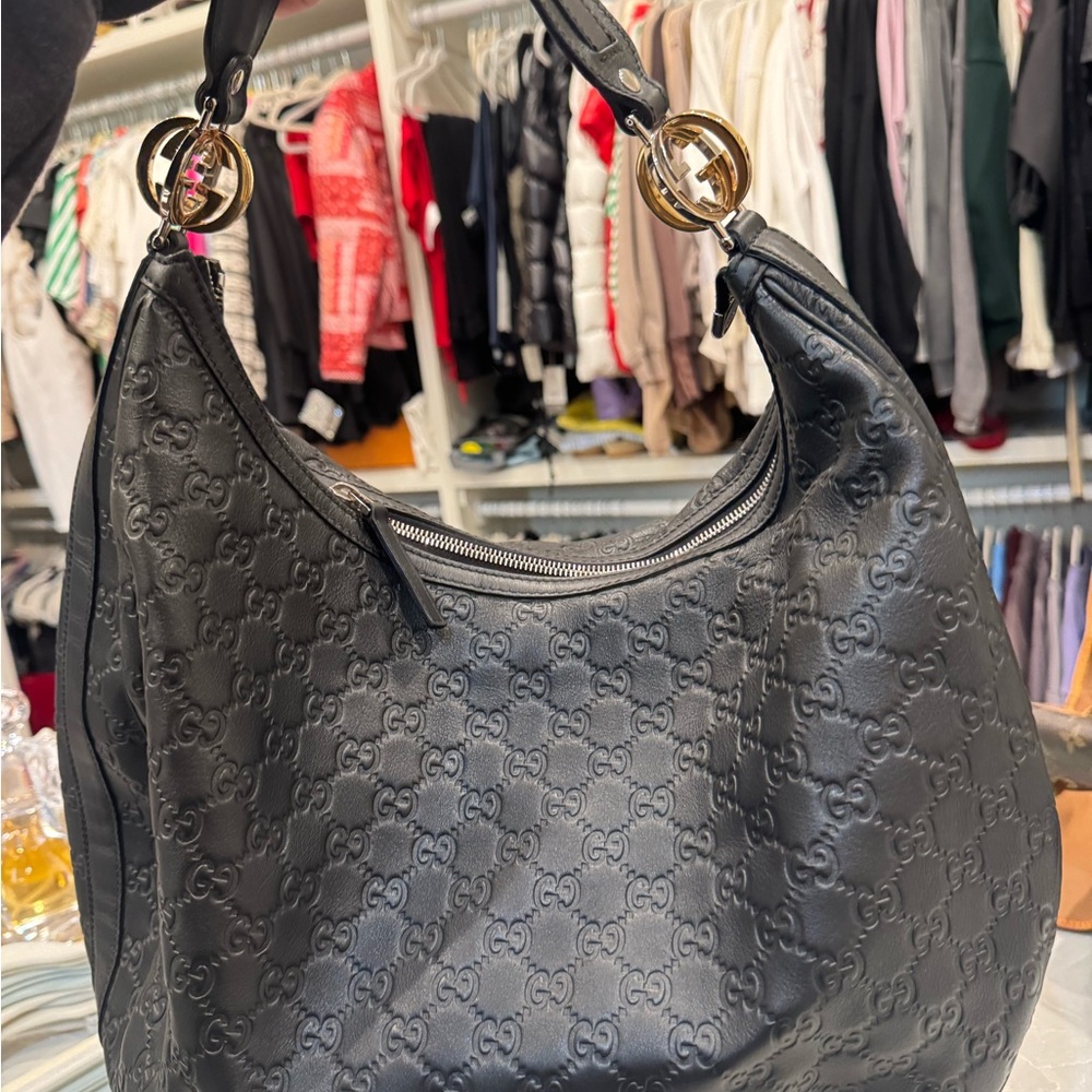 Gucci Black Embossed GG Hobo Bag with Gold Hardware